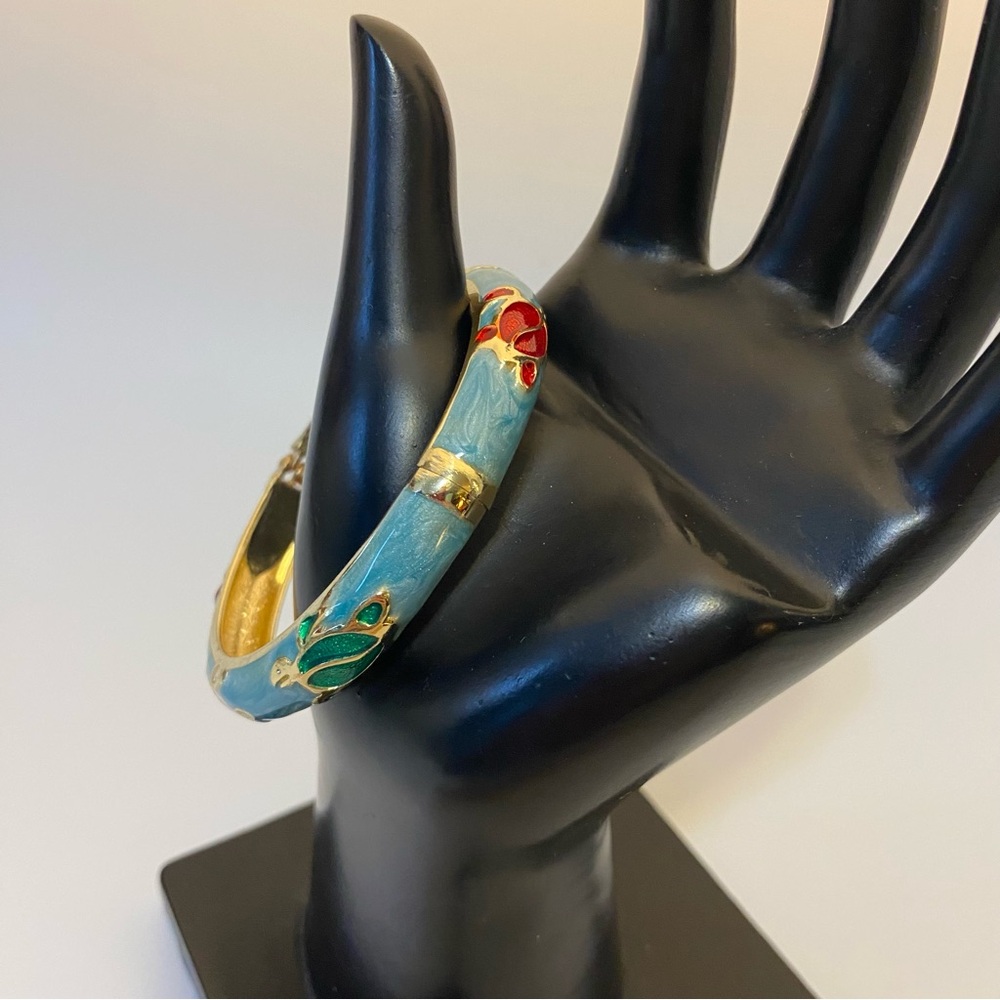 Jiu Long Xing Enamel Gold Blue Sea Turtle Hinged Bangle Bracelet